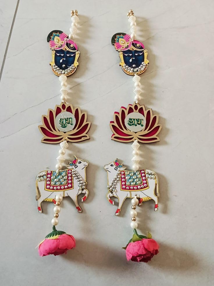 Nutts Handmade Decorative Multicolour Traditional MDF Shrinath Ji Shubh Labh Cow Lotus Cow Hanging for Decoration | Lotus Hanging for Diwali and Festive Decoration (Lotus 99)
