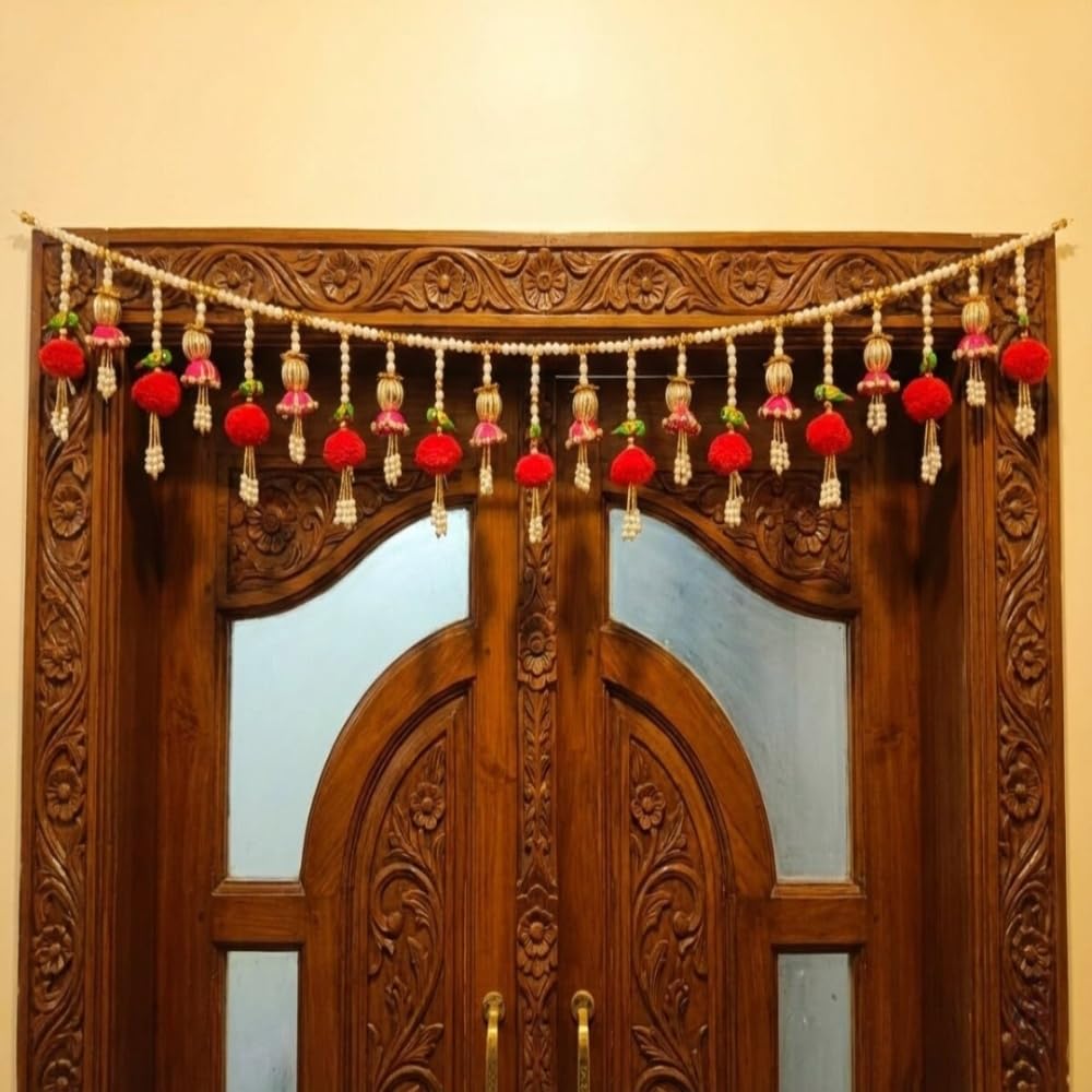 Sellplus Handmade Decorative Pom-Pom Beads Bandhanwar | Traditional Multicolour Bandhanwar for Home Main Door Decoration | Pack of 1 (BDHW107)