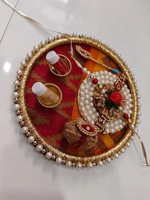 Handmade Designer Rakhi Thali for Raksha Bandhan, for Brothers Sister Bhaiya Bhabhi Puja thali Set Roli Pooja Thali Tilak Stick Rakhi (Pearls bangle Rakhi Plate)