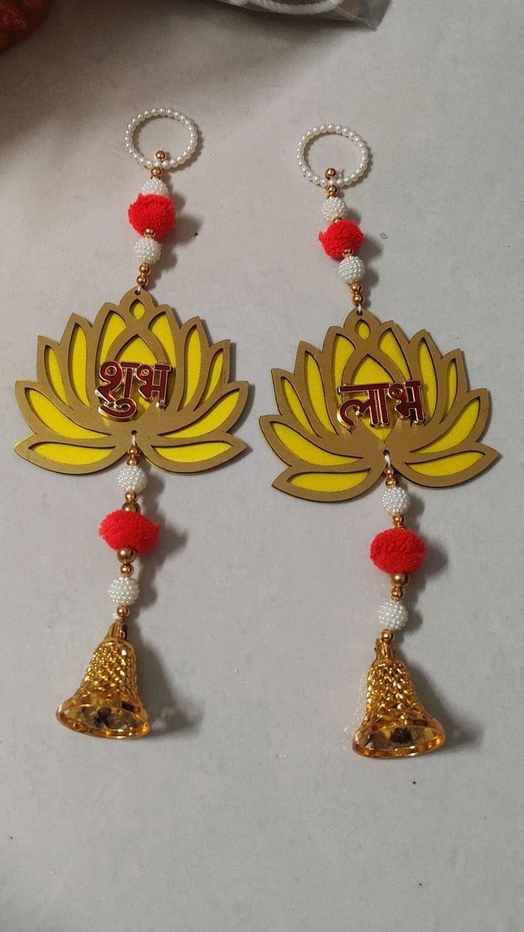 Nutts Handmade Decorative Multicolour Traditional Shubh Labh Lotus Pom Pom Bell Hanging for Decoration | Lotus Hanging for Diwali and Festive Decoration (Lotus 147)
