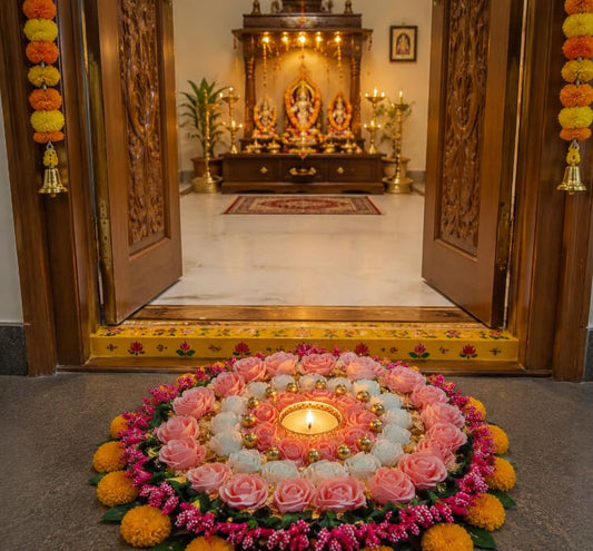 NUTTS Decorative Rangoli Set with Tealight Holder | Diwali Gift Diya | Decoration for Home | Office | Pooja | Diwali & All Special Festival Decor (Design 3)(Rang64)