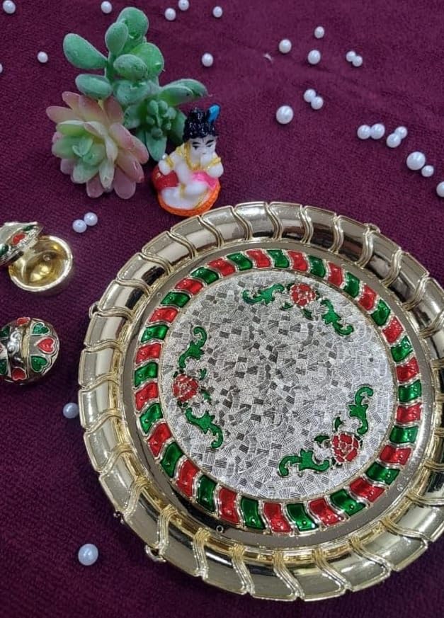 Nutts Decorative Pooja Thali Tilak Content Holder Plate Gifts With Small Lord Set for Home & Office Decoration & Gifting (KrishnaJi Round) (PoojaP25-1)