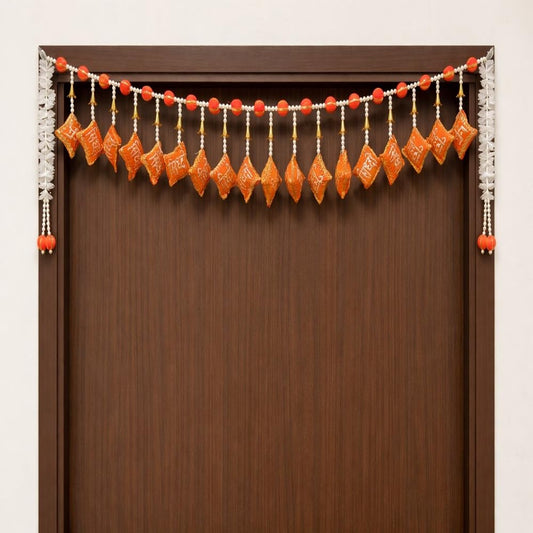Sellplus Handmade Embroidered Orange Cushion Bandhanwar with Pearl Beads Golden Tassels White Floral Side Hanging Decorative Toran for Main Door Home Pooja Festival Decor Pack of 1 (BDHW106)