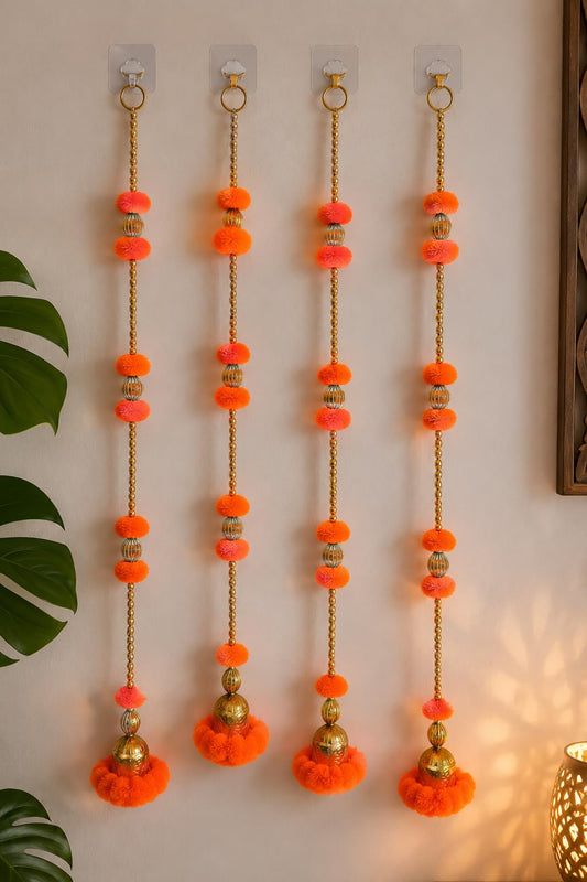 Nutts Handmade Decorative Multicolour Pom-Pom Beads Toran for Decoration | Pom-Pom Beads Bell Toran (PMPMT13-1)