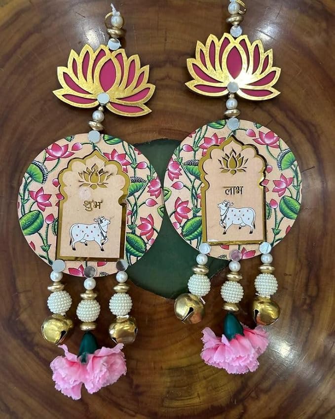 Nutts Handmade Decorative Multicolour Traditional Lotus Shubh Labh Peony Ghungroo Beads Hanging for Decoration | Lotus Hanging for Diwali and Festive Decoration (Lotus 150)