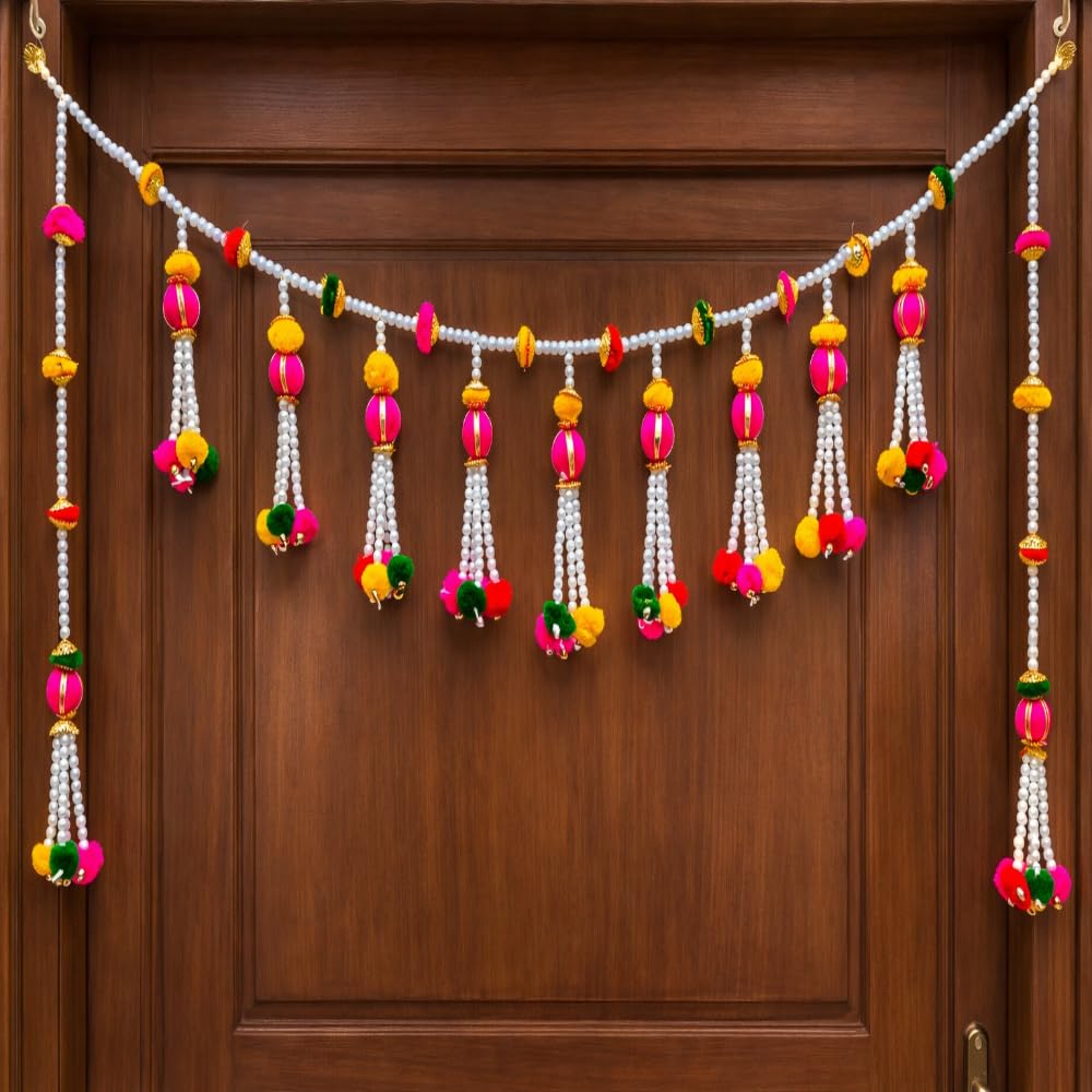 Sellplus Handmade Multicolour Pearl Beads Pom Pom Bandhanwar | Decorative Main Door Toran for Home Entrance Pooja Room Festival Wedding Decoration Pack of 1 (BDHW76)