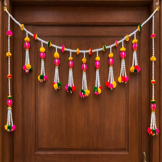 Sellplus Handmade Multicolour Pearl Beads Pom Pom Bandhanwar | Decorative Main Door Toran for Home Entrance Pooja Room Festival Wedding Decoration Pack of 1 (BDHW76)