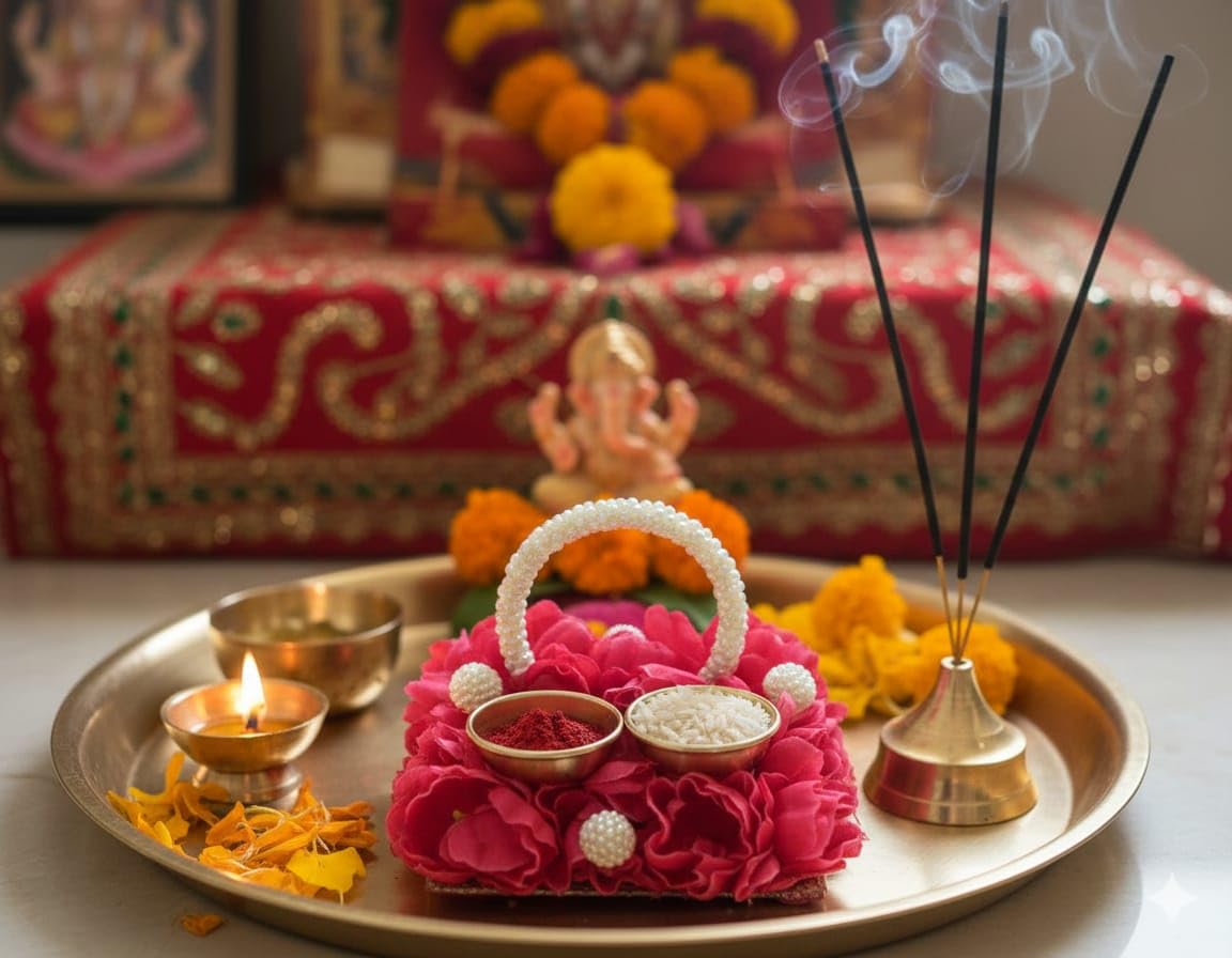 Sellplus Traditional Handmade Roli Chawal Pooja Thali Festival Tilak Ceremony Mandir Decor Wedding Diwali Navratri Decorative (RC12)