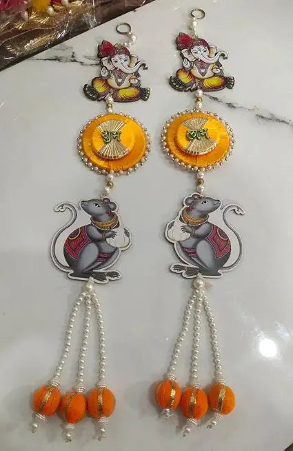 Handmade Shubh Labh Ganesh Ji Door Hanging with Mouse Design | Pearl Tassels Decorative Wall Hanging for Home Decoration Pack of 2 (SMALL74)