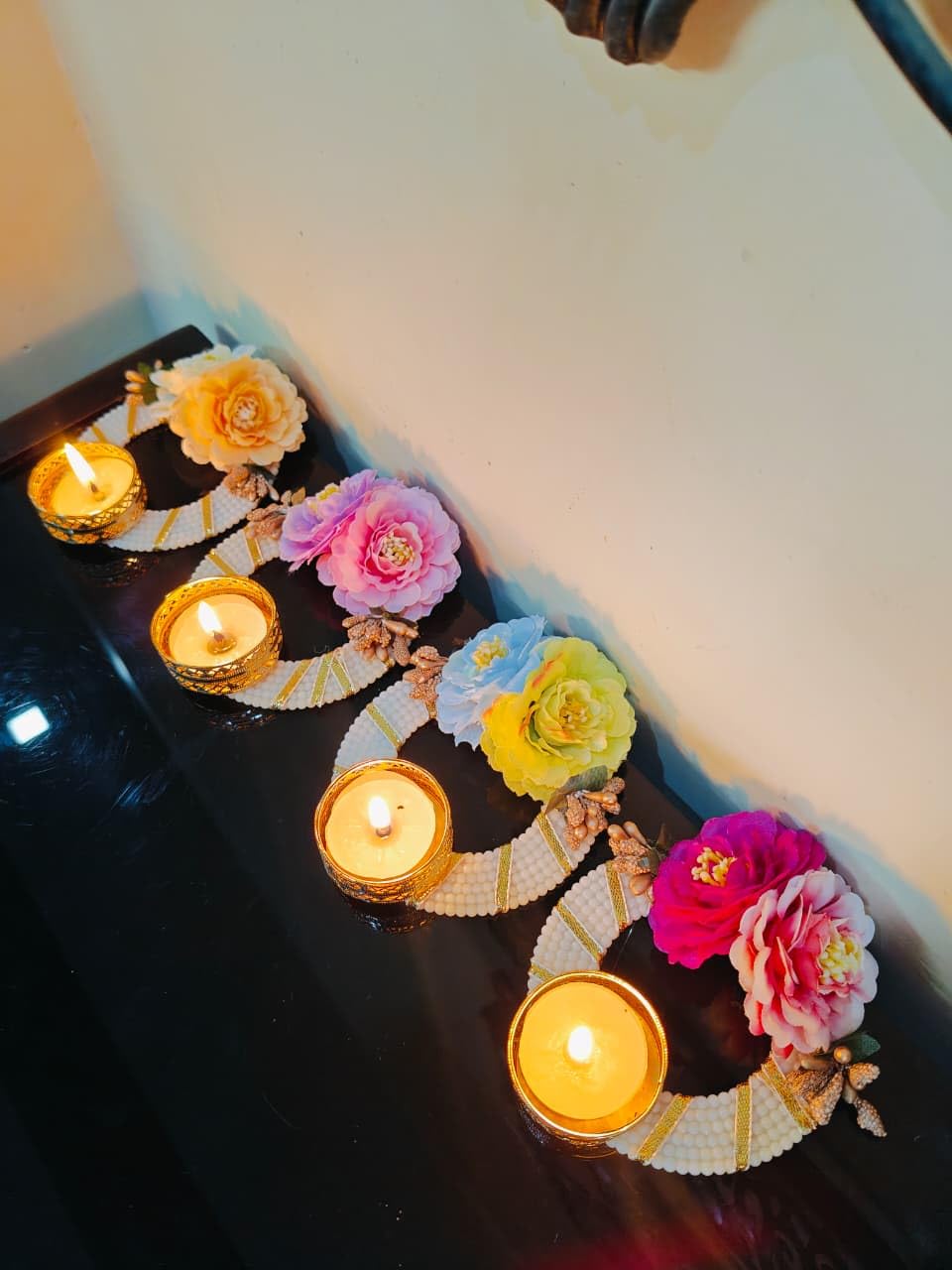 Sellplus Decorative Moti Lace Chudi with Artificial Flower Tealight Holder | Decoration for Home | Office | Diwali | Pooja | Diwali & All Special Festival Decor (Design 29) (Pack of 2)(Tealight-286)