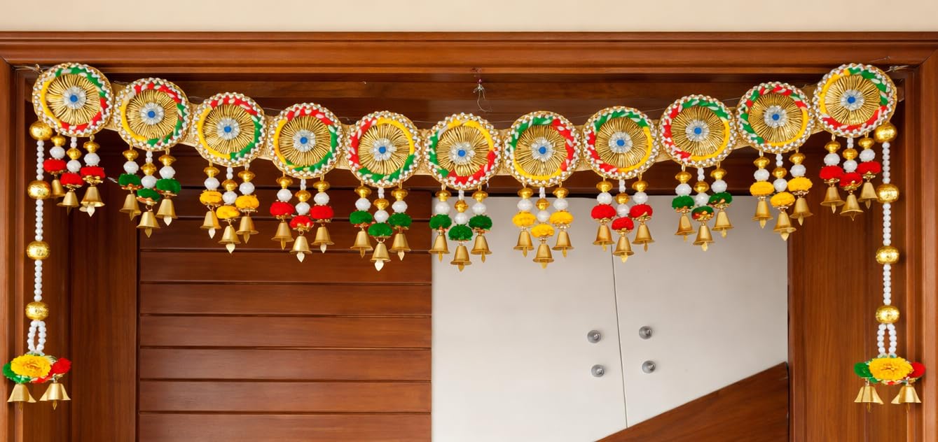 Sellplus Handcrafted Artificial Flower Multicolour Decorative Bandhanwar | Festive Bandhanwar with Decorative Hanging for Main Door Temple Office and Home Decoration (BDHW380)
