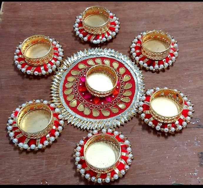 Sellplus Traditional Handmade Red Golden Pearl Tealight Rangoli Decorative Candle Holder Set for Diwali Pooja Wedding Festival Home Decoration Centerpiece Reusable Design (Rang88-1)