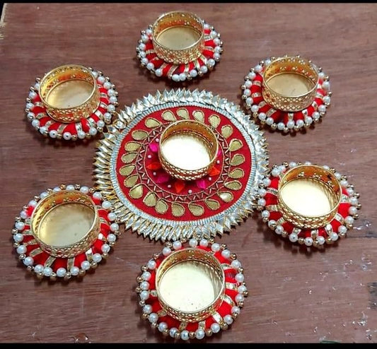 NUTTS  Traditional Handmade Red Golden Pearl Tealight Rangoli Decorative Candle Holder Set for Diwali Pooja Wedding Festival Home Decoration Centerpiece Reusable Design (Rang88-1)
