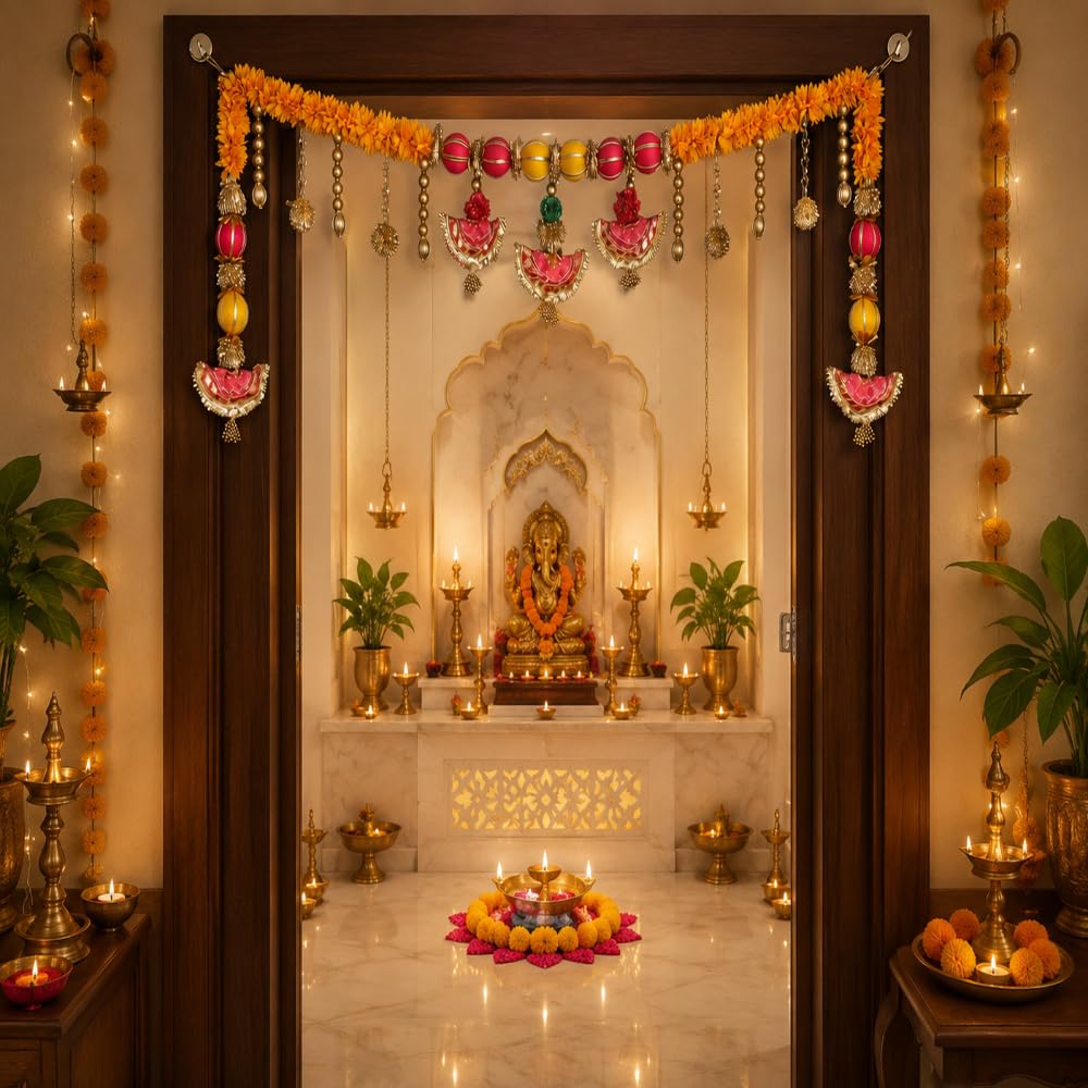 Sellplus Marigold Bead Traditional Door Bandhanwar Hanging with Diya Design and Decorative Latkan for Festive Home Entrance (BDHW538)