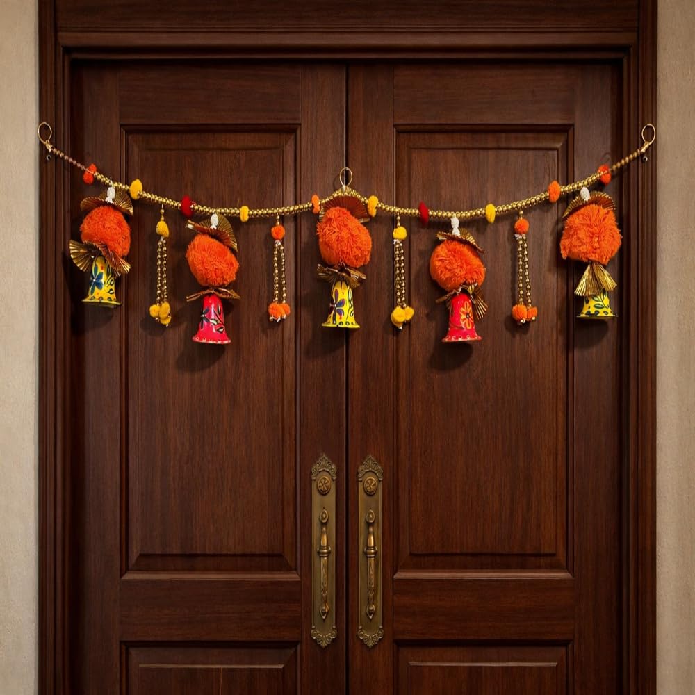Sellplus Handmade Pom Pom Bell Bandhanwar with Decorative Beads | Wooden Bell Gotachakri Bandhanwar | Pack of 1