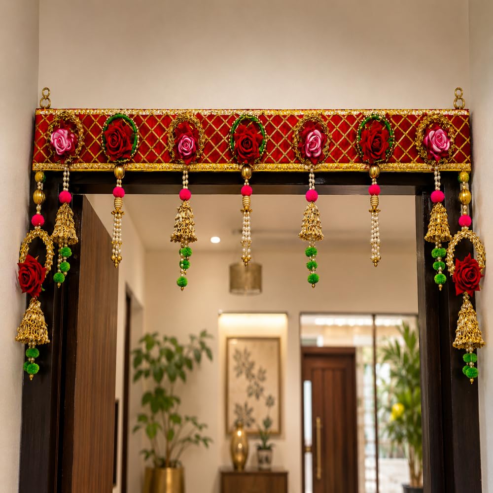 Sellplus Golden Floral Rose Door Bandhanwar Hanging with Beaded Pearl Latkan and Designer Mesh Base for Festive Entrance Decor (BDHW540)