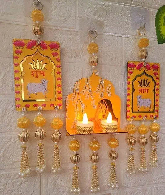 Nutts Decorative Jharokha with Shubh Labh Cow Hanging Perfect for Home Decor | Handmade Toran Door Hanging | Hanging for Main Door | Pooja Decor & All Festival Decor (SMALL239) (Set of 1)