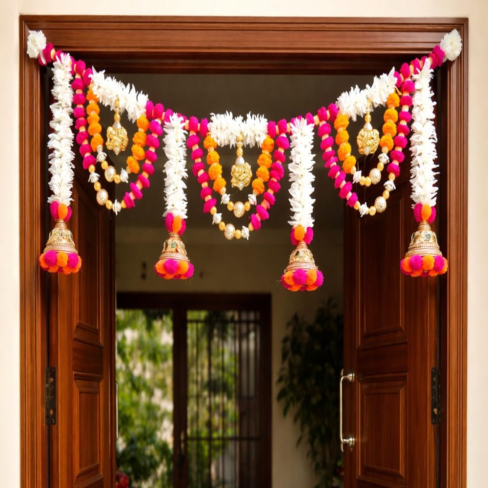 Sellplus Handmade White Mogra Marigold Pom Pom Bandhanwar Toran Decorative Door Hanging with Bells for Diwali Wedding Pooja Home Entrance Decor (BDHW155)