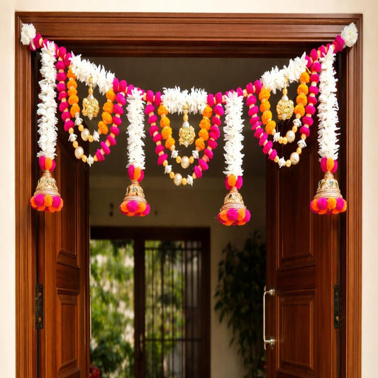 Sellplus Handmade White Mogra Marigold Pom Pom Bandhanwar Toran Decorative Door Hanging with Bells for Diwali Wedding Pooja Home Entrance Decor (BDHW155)