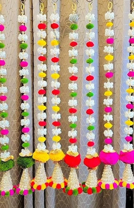 Click to see full view   Nutts Decorative Mogra Pom Pom with Bell Hanging Perfect for Home Decor | Handmade Toran Door Hanging | Hanging for Main Door | Pooja Decor & All Festival Decor (Design 6) (Pack of 4)(MOGRAH06)