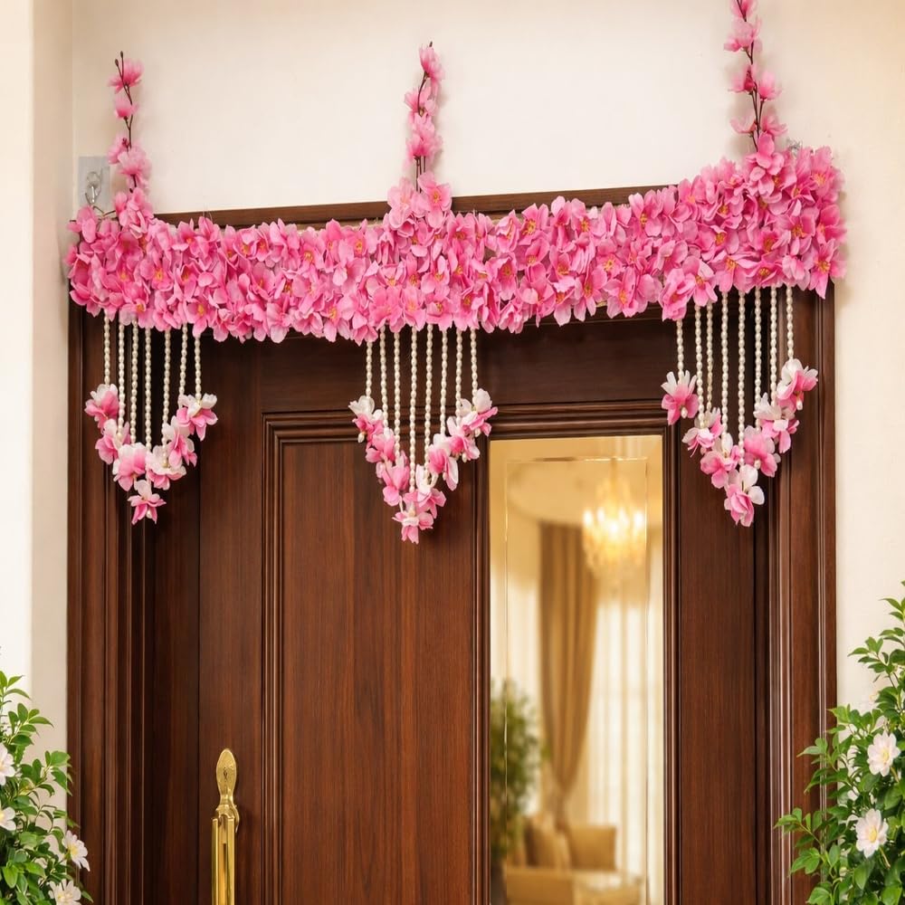 Sellplus Artificial Pink White Flower Pearl Beads Bandhanwar | Elegant Artificial Flower Beads Entrance Bandhanwar for Home Decoration (BDHW120)