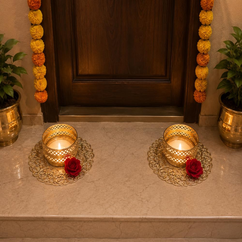 Sellplus Decorative Metal Candle Holder Elegant Tealight Stand for Home Decor Living Room Dining Table Festival Wedding Pooja Gift Display Centerpiece (Pack of 2) (Tealight-91)