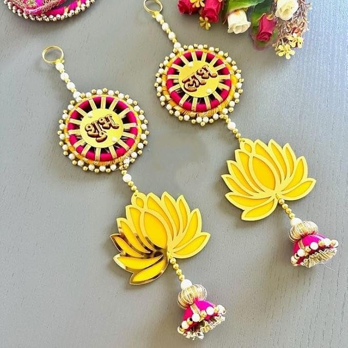Nutts Handmade Decorative Multicolour Traditional SHubh Labh Jhumki Gota Sikka Lotus Hanging for Decoration | Lotus Hanging for Diwali and Festive Decoration (Lotus 142)