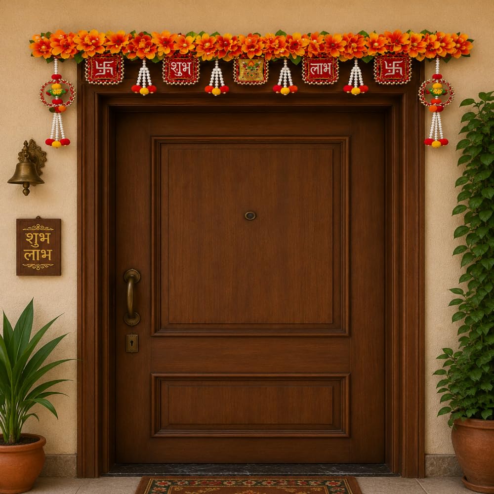 Sellplus Floral Shubh Labh Door Bandhanwar Hanging with Swastik Motif and Beaded Pearl Latkan for Festive Entrance Decor (BDHW534)