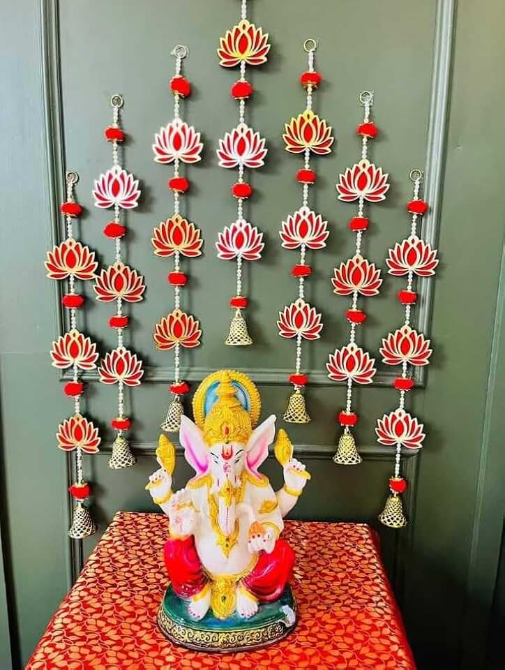 Lotus with Golden Beads & Bell Hanging for Home Decor,Diwali Decor,Wedding and All Festival Decor