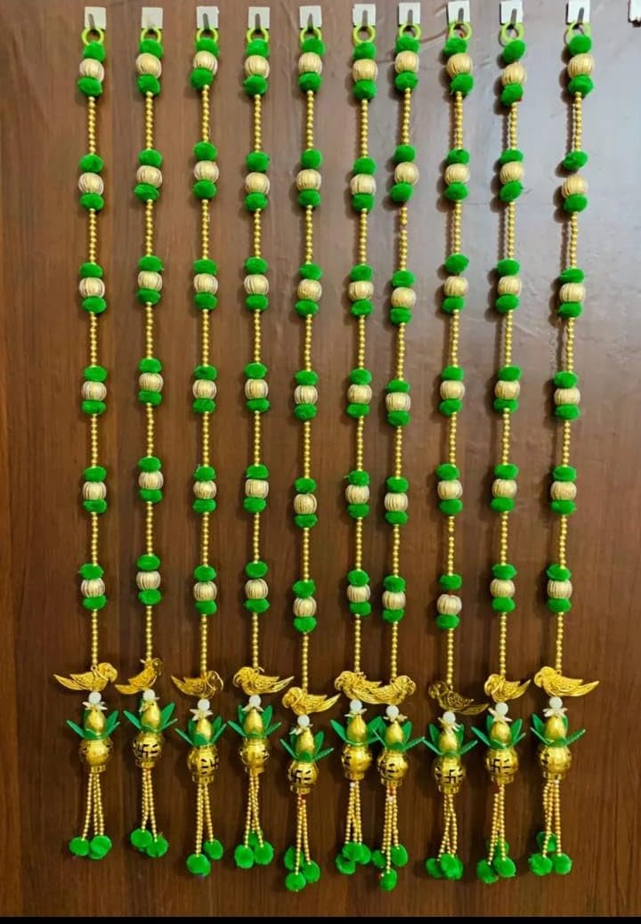 Nutts Handmade Traditional Bird and Kalash Hanging | Pack of 2 Decorative Pom-Pom Hanging for Main Door Entrance (PMPMT134)