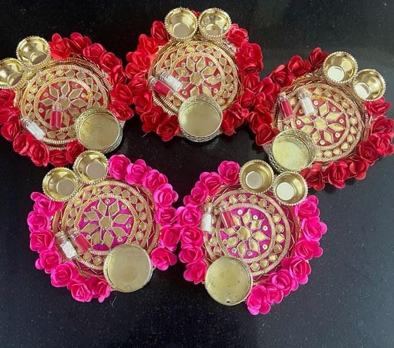 Sellplus Handcrafted Floral Pooja Thali with Diya Roli Chawal Holder Decorative Festival Plate for Raksha Bandhan Diwali Home Temple Decor Gift(Tealight-204)