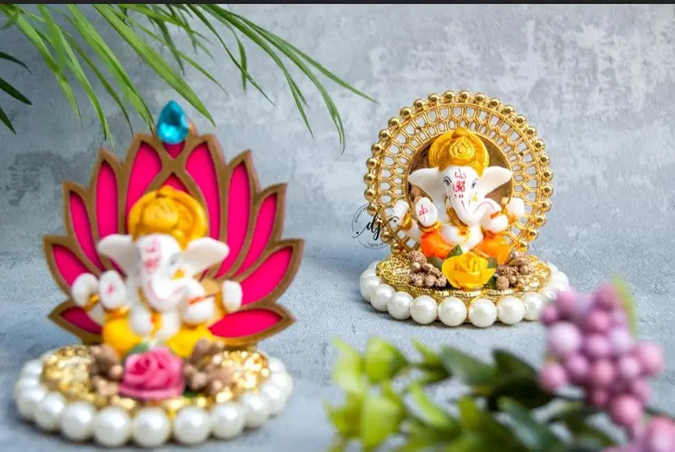 Lord Ganesha Lotus with Golden Plate,Decoration for Home Temple,Diwali,Ganesh Chaturthi,Best for car Dashboard, Lord Ganesha On Bangles ShowPiece. Tealight-83