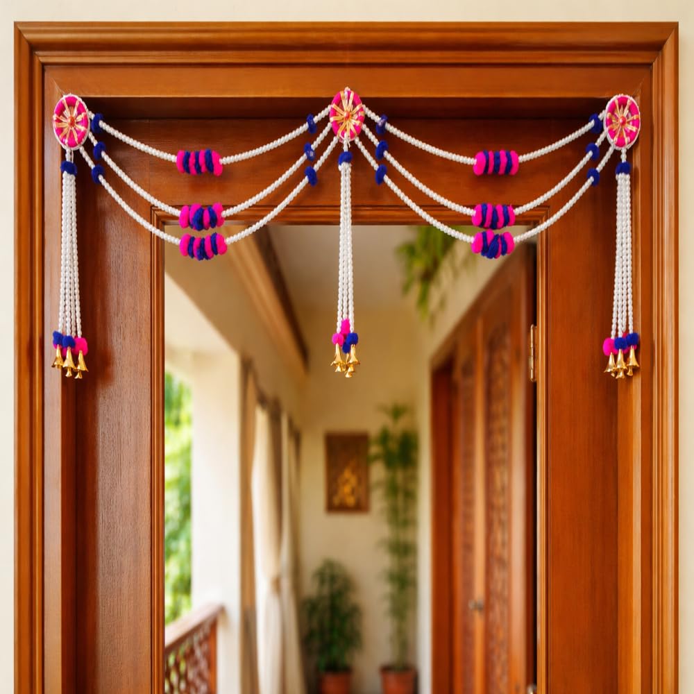 Sellplus Handmade Decorative Pom-Pom Beads Latkan Bandhanwar | Traditional Multicolour Bandhanwar for Home Main Door Decoration | Pack of 1 (BDHW77)