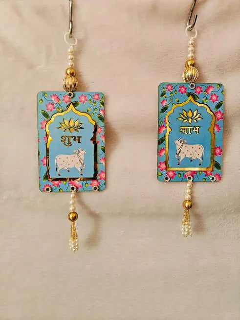 Nutts MDF Cow Shubh Labh Door Hanging | Diwali Decor Door Hangings & All Festivals | Diwali Decor Door Hangings (SMALL536 (Blue))