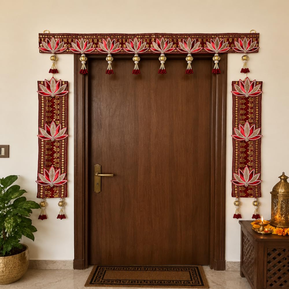 Sellplus Traditional Handcrafted Royal Red Lotus Embroidered Designer Door Bandhanwar Toran Set for Diwali Decoration and Festive Home Entrance Decor (BDHW500)