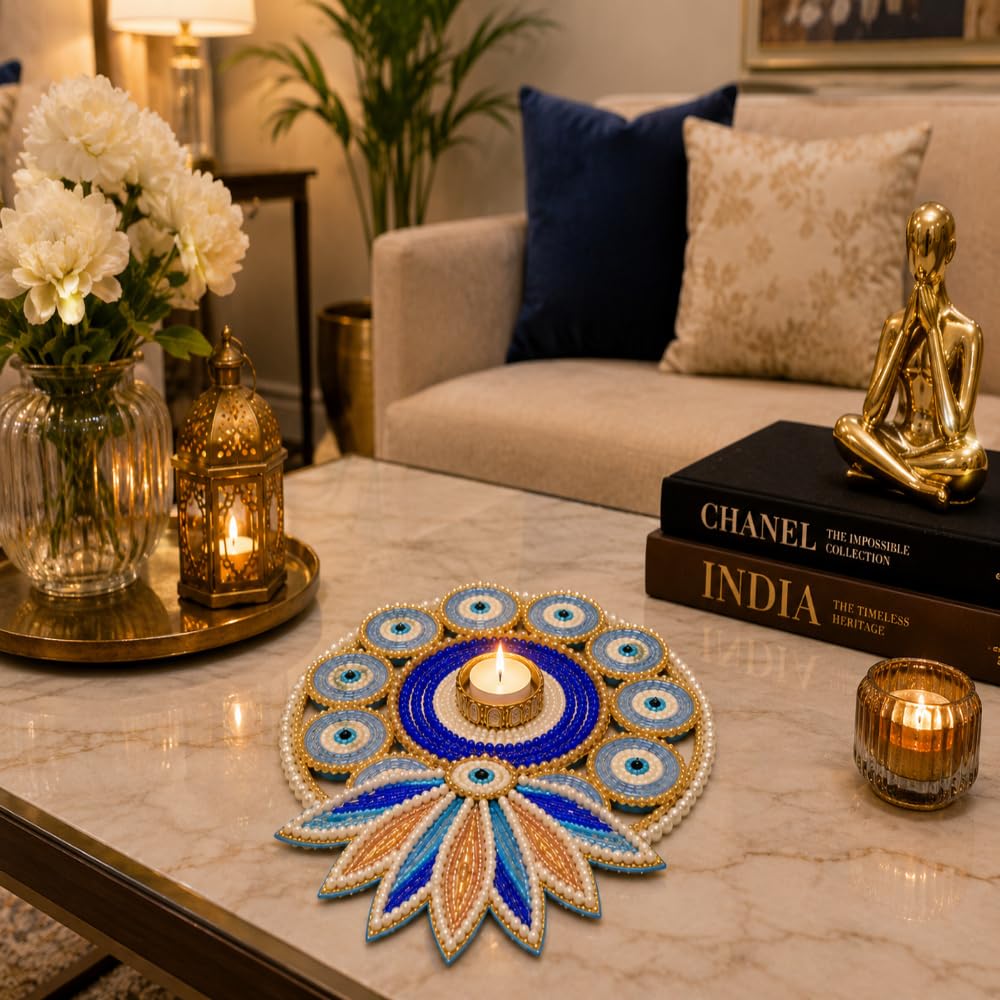 Sellplus Handmade Fabric & Bead Decorative Tealight Holder for Festival Puja Rangoli Decoration Gold and Pearl