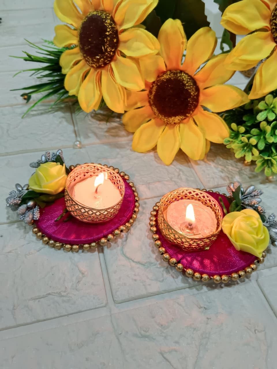 Sellplus Handcrafted Premium Floral Tealight Candle Holder Set with Rose Decoration and Golden Mesh Diya for Diwali Home Decor (Pack of 2) (Tealight-224)