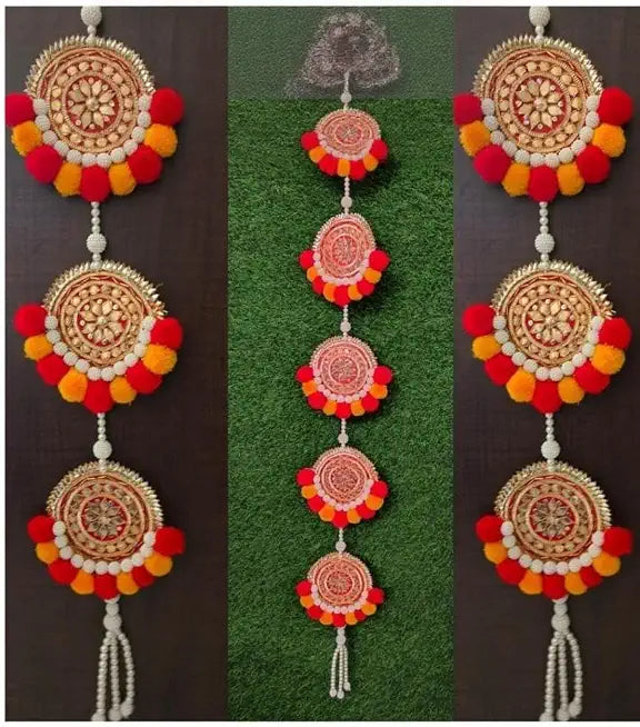Nutts Handmade Pearl Beads Anguri Moti Patra Wall Hanging Latkan | Red & Yellow Pom Pom Toran for Home Entrance Door Decoration | Pooja Room Festival Decoration Pack of 2 | SMALL32