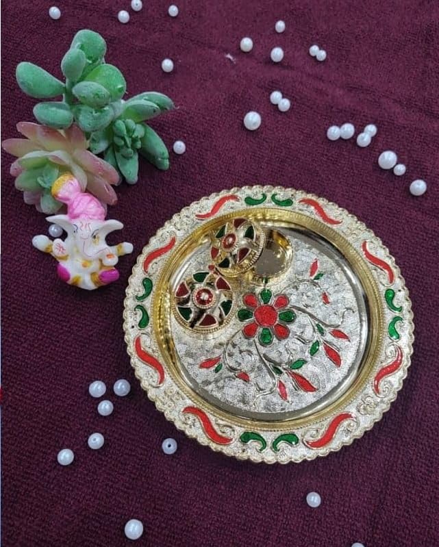 Nutts Decorative Pooja Thali Haldi Kumkum Chandhan Holder Plate Gifts With Small Lord Set for Home & Office Decoration & Gifting (Ganesh Ji) (PoojaP14-3)
