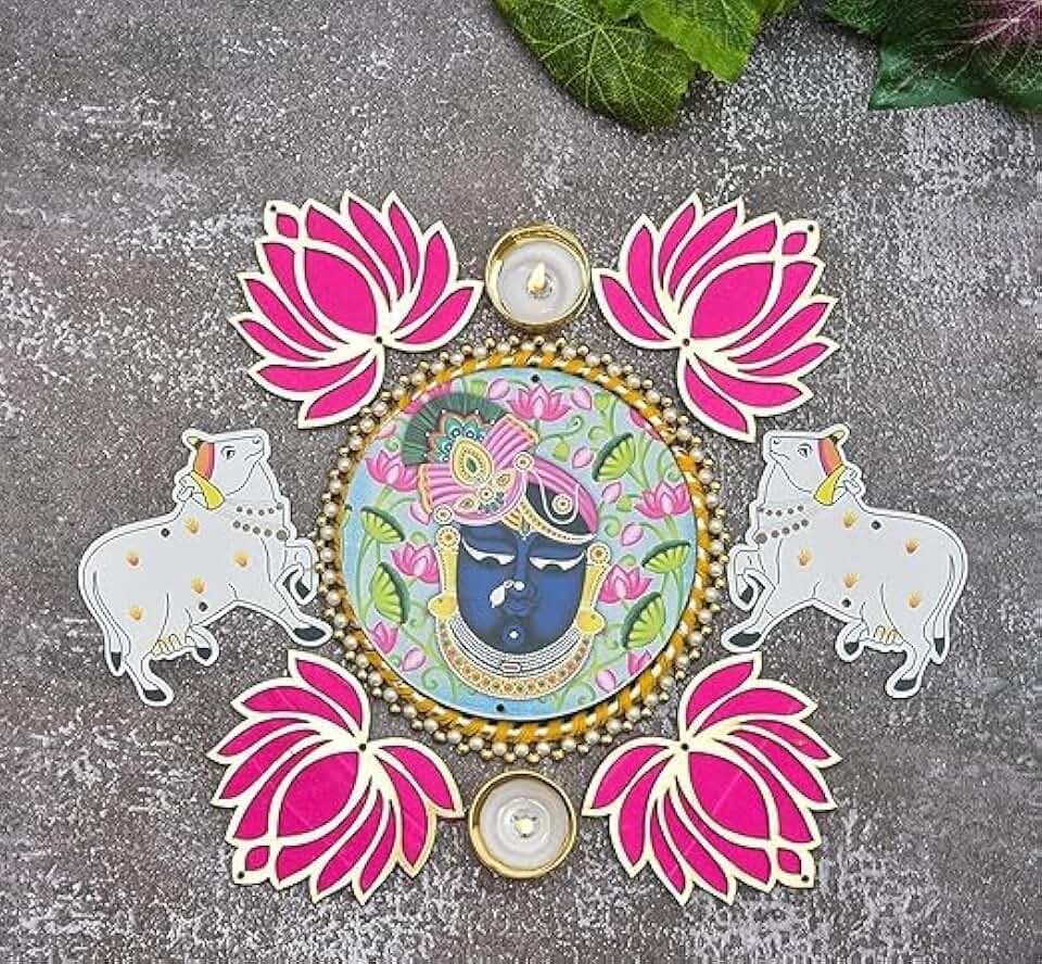 7 Pc Pink Lotus Shrinathji and pichwai Cow Cutouts diyas Rangoli Deepak Diyas Home Temple Decorations for Diwali, Dusshera Wedding Pooja Festival All Festival Decoration