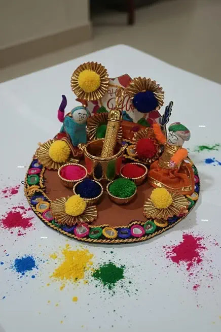Traditional Decorative Holi Puppet Pooja Plate Decorative Holi for Festival Celebration (HOLITHALI24) (Pack Of 1)