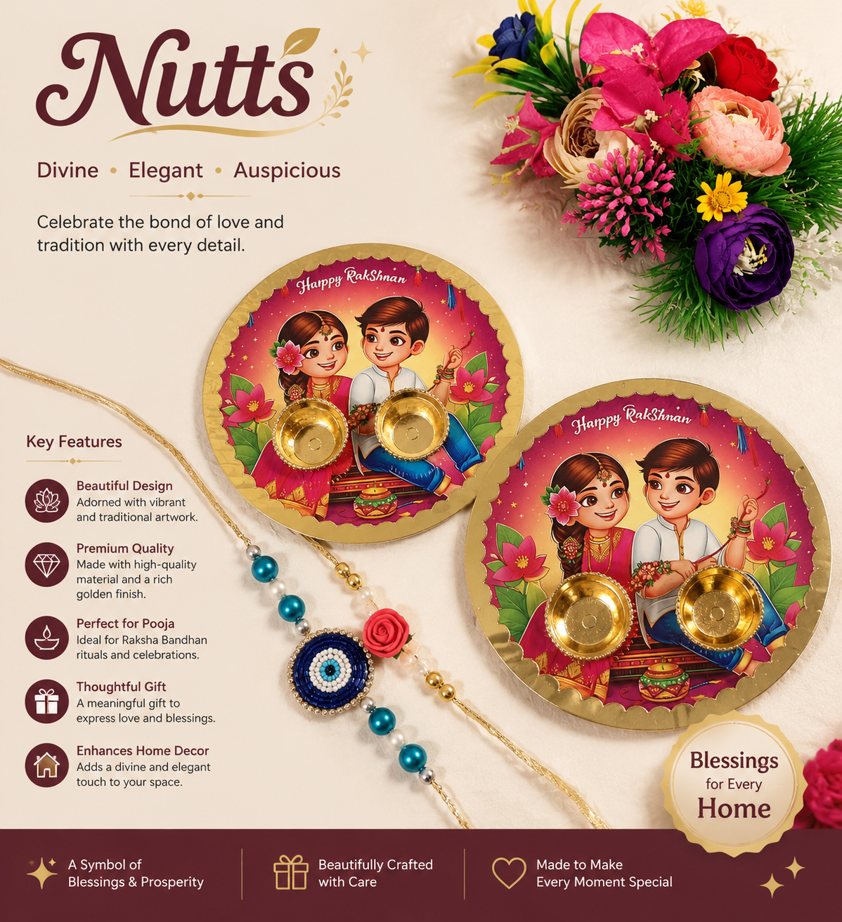 Nutts Rakhi Pooja Plate with Handmade Rakhi for Brother for Raksha Bandhan (RakhiP06)