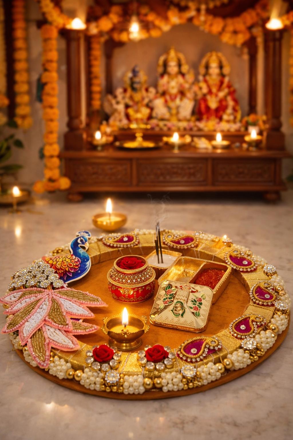 Nutts Decorative Traditional Peacock Pooja Thali for Daily Worship Temple Home Spiritual Ritual Use(Pack Of 1) (PoojaP10)