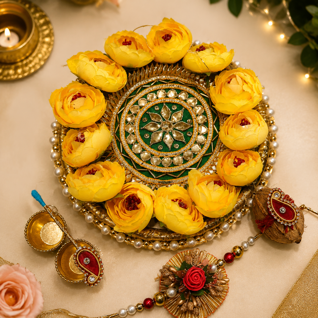 Nutts Handmade Decorative Rakhi Thali Plate Raksha Bandhan Pooja Thali Roli Chawal with Rakhi (RakhiP01)