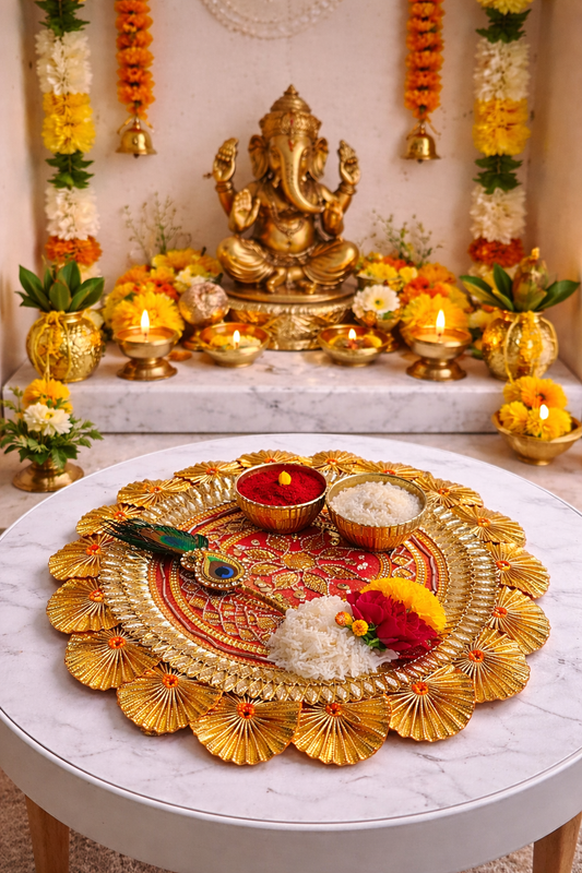 Handmade Decorative Kumkum Chawal with Morpankh Tilak Stick Platter | Roli Chawal Holder for Temple/Rakhi/Welcome Plate/Return Gift/Wedding/Home Pooja Plate (PoojaP2-1)