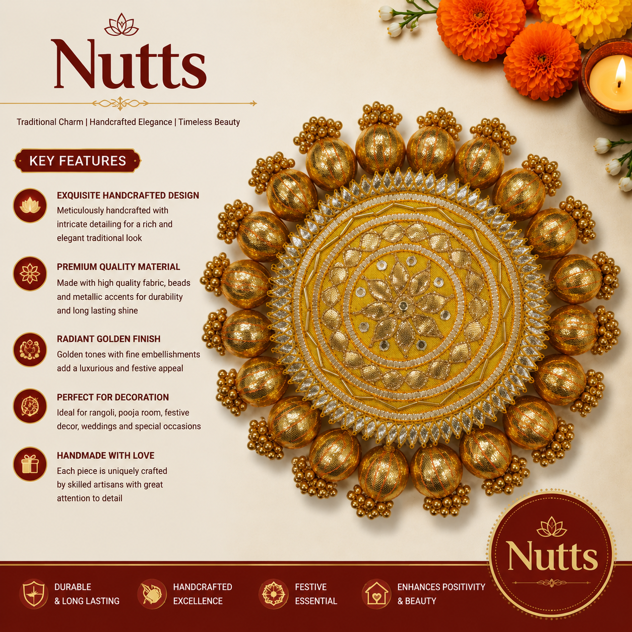 Nutts Decorative Traditional Pooja Thali Elegant Festival Prayer Plate for Home Temple Daily Worship Religious Rituals Festive Decoration (PoojaP03-4)