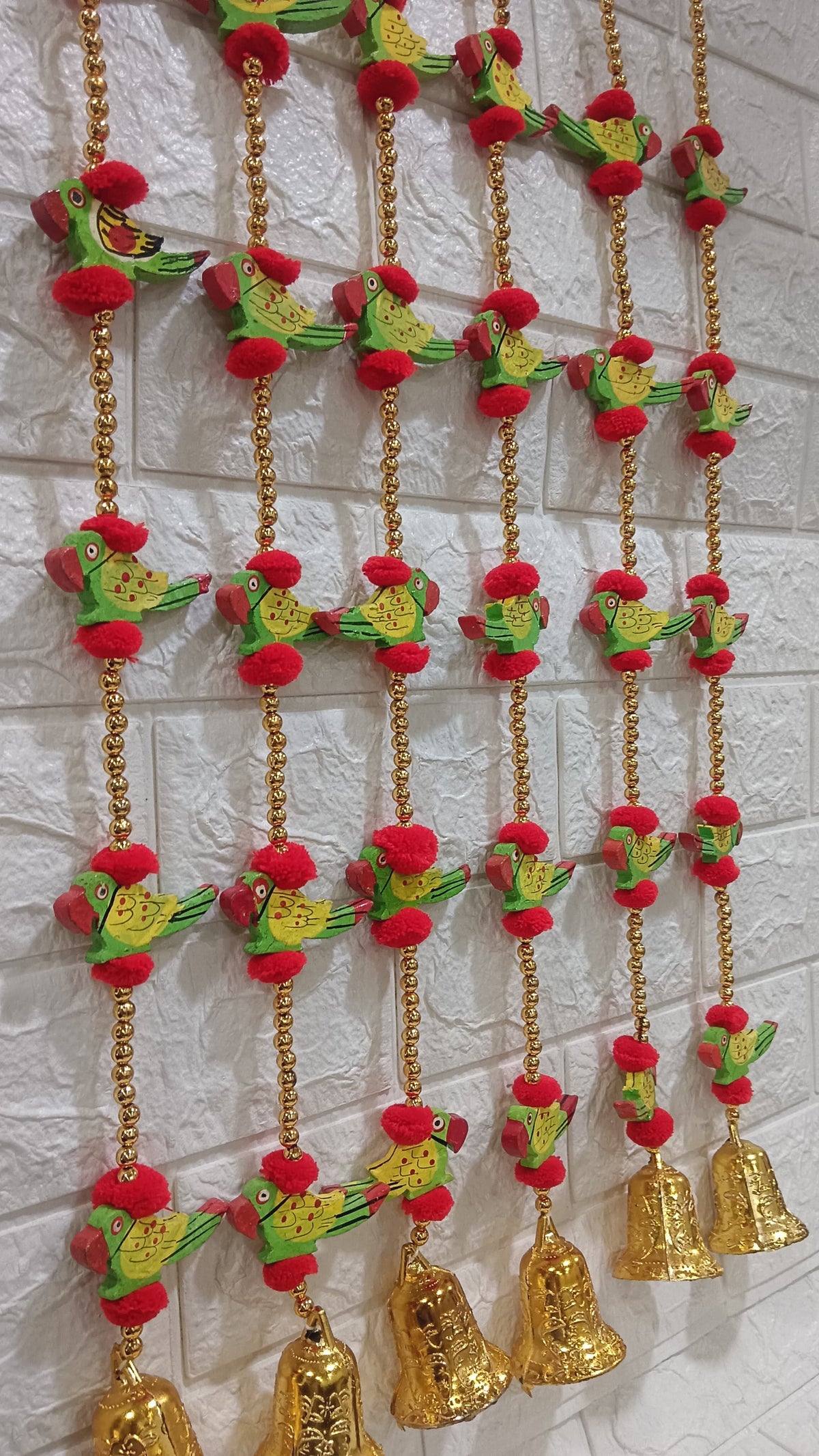 Nutts Handmade Decorative Wooden Parrot Toran | Traditional Pom-Pom Beads Bell Toran | Hanging for Home Entrance and Main Door Decoration (PMPMT101)