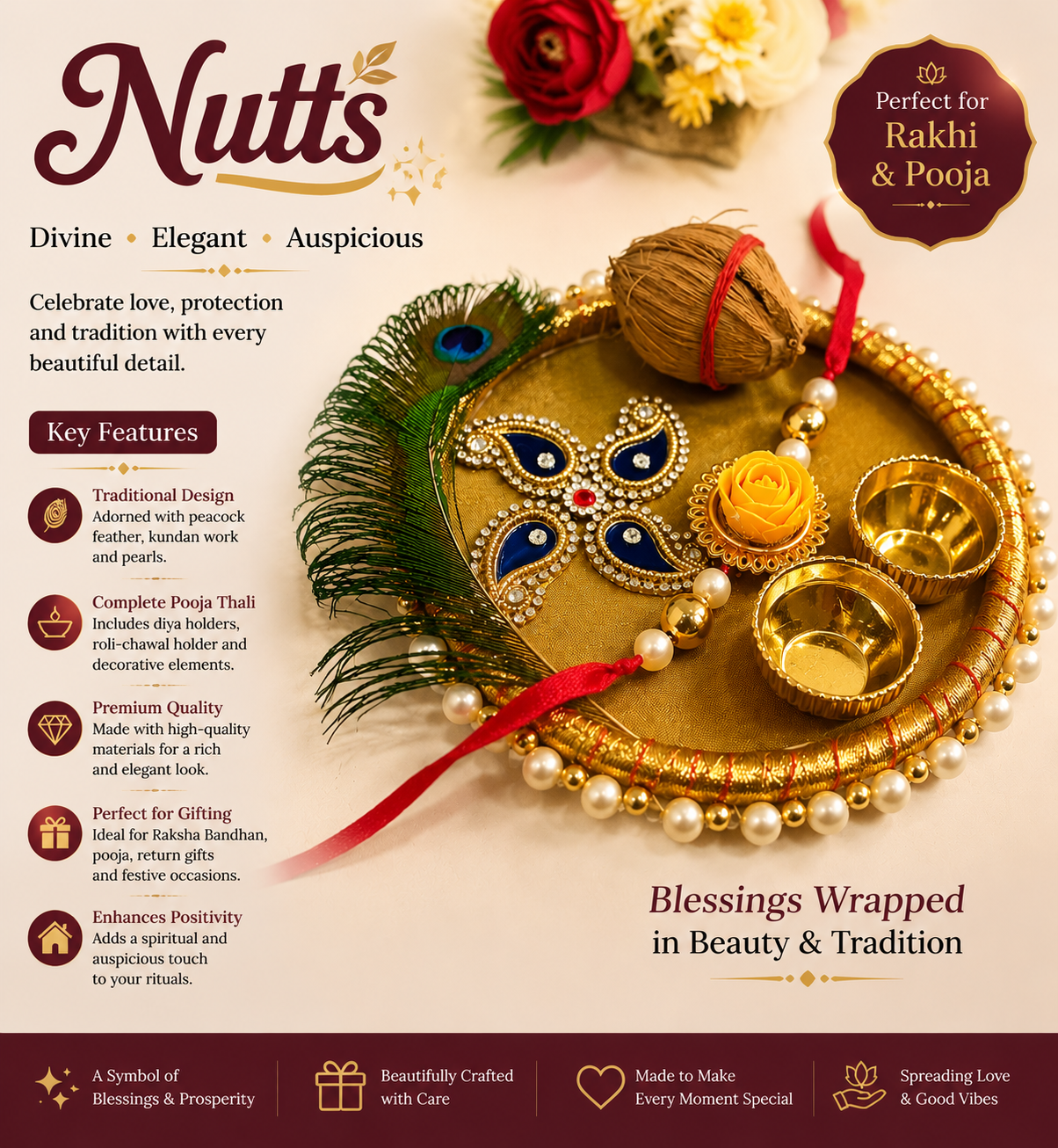 Nutts Handmade Rakhi Plate Booti Nariyal Floral Rakhi for Brother for Raksha Bandhan (RakhiP09)