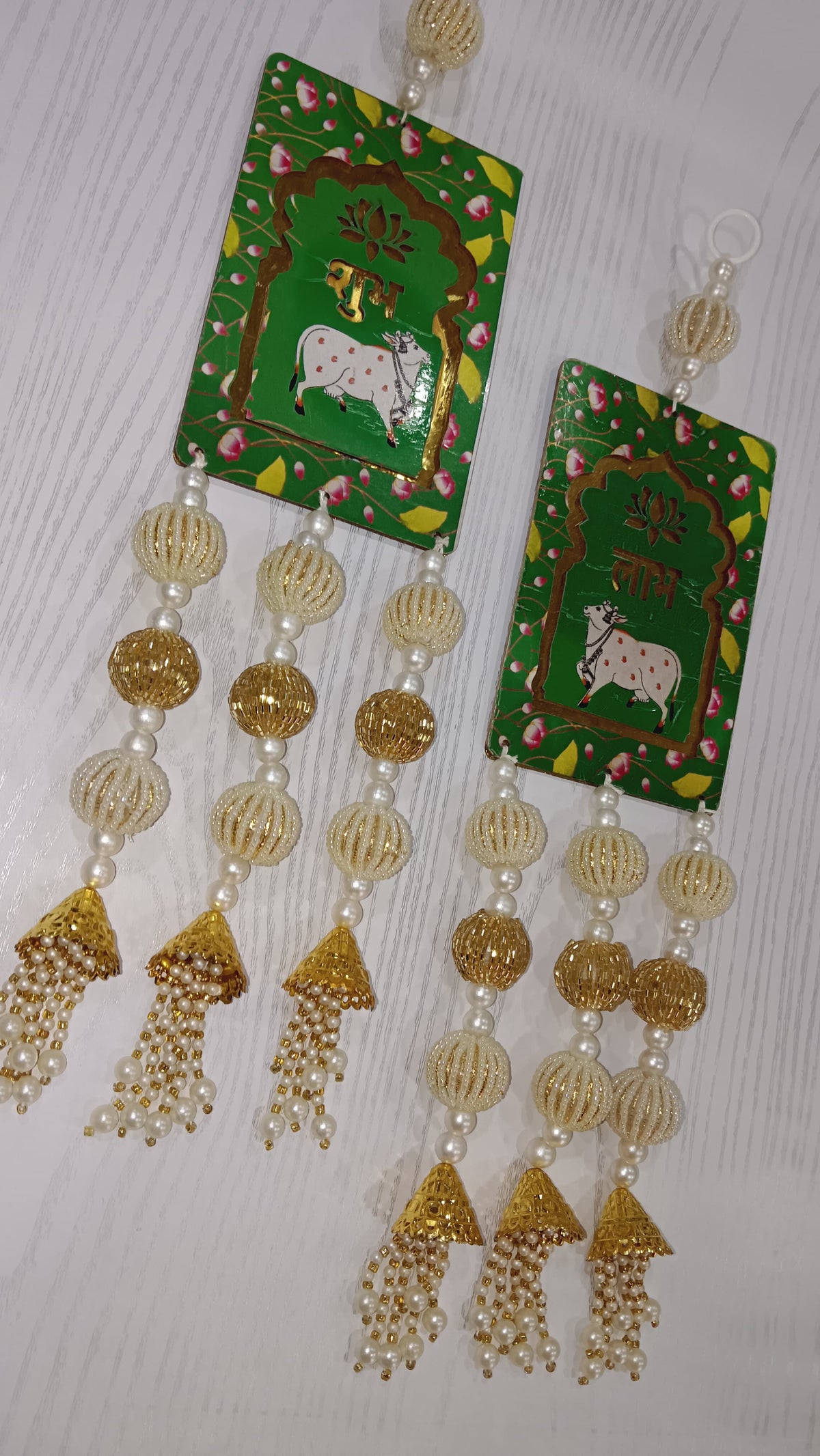 Nutts Handcrafted Shubh Labh MDF Door Hanging with Cow Design Decorative Beaded Tassels Lotus Motif Wall Hanging for Home Entrance Festive Decor Pack of 2 (SMALL115-1) (Green)