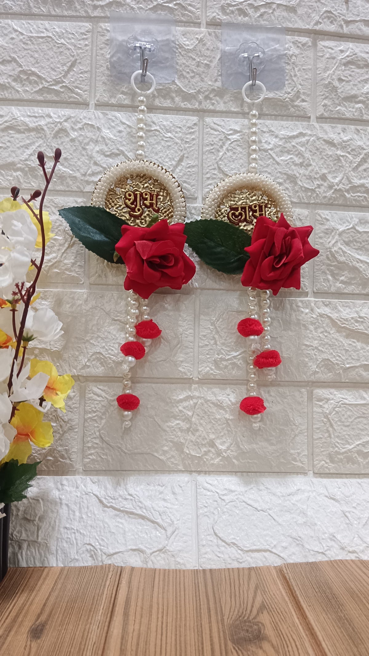 Subh Labh, Artificial Velvet Flower with, White Beads Hanging, for Home Decoration and All Festival Decor (Pack of 2) (SMALL139)